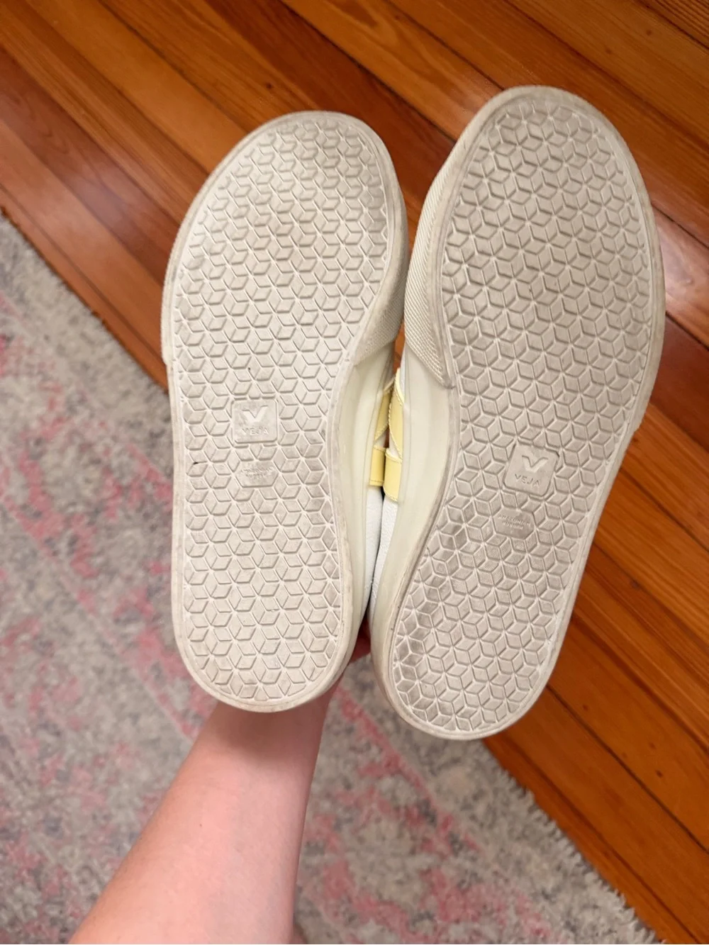 Veja Women’s White Sneakers with Pale Yellow V and Peach Heel - Picture 5 of 5